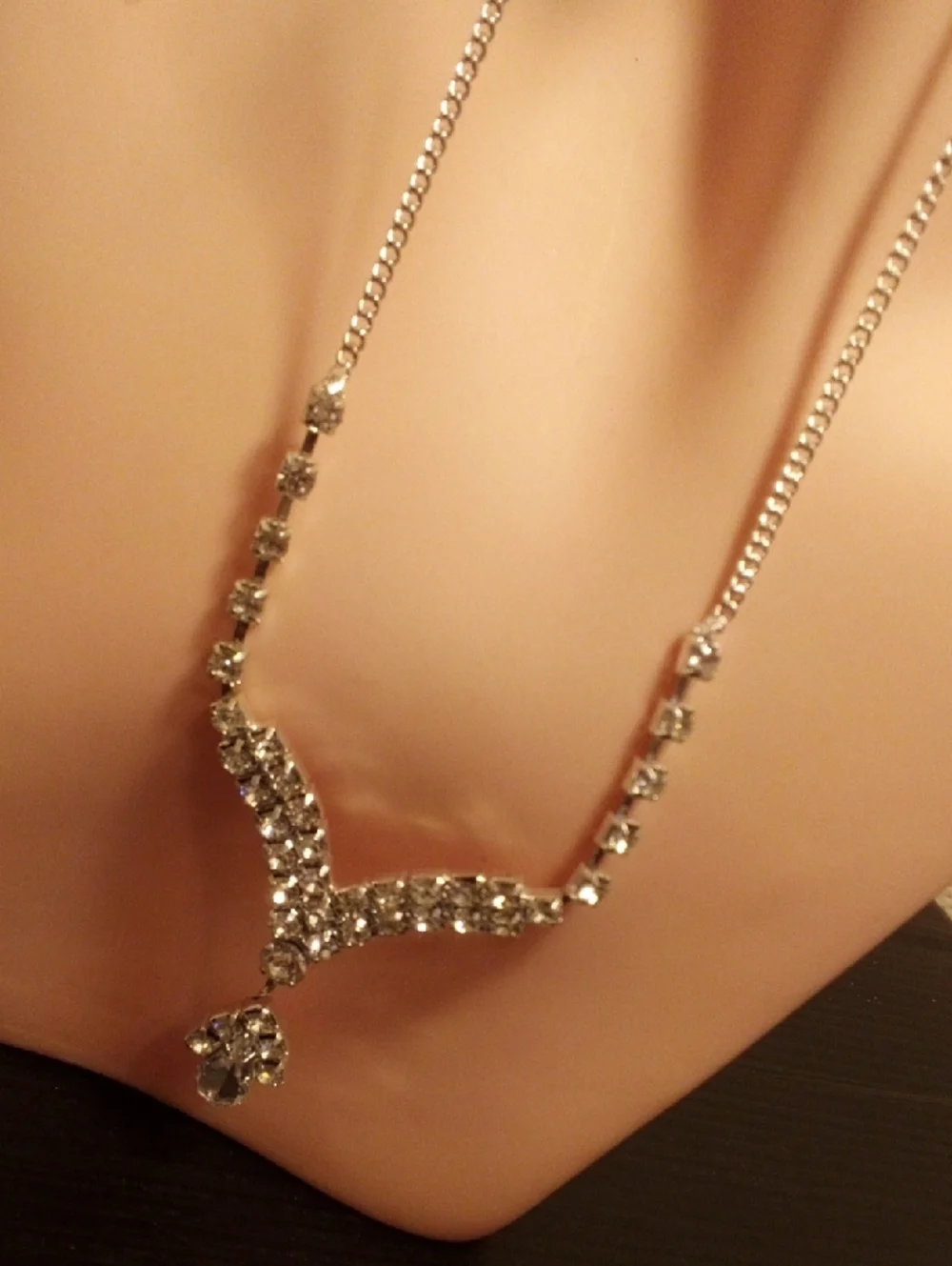 Silver Crystal V-Shaped Pendant Necklace - Women Jewelry